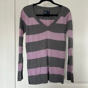 American Eagle (L) Purple/Gray Striped Knit V Neck Sweater